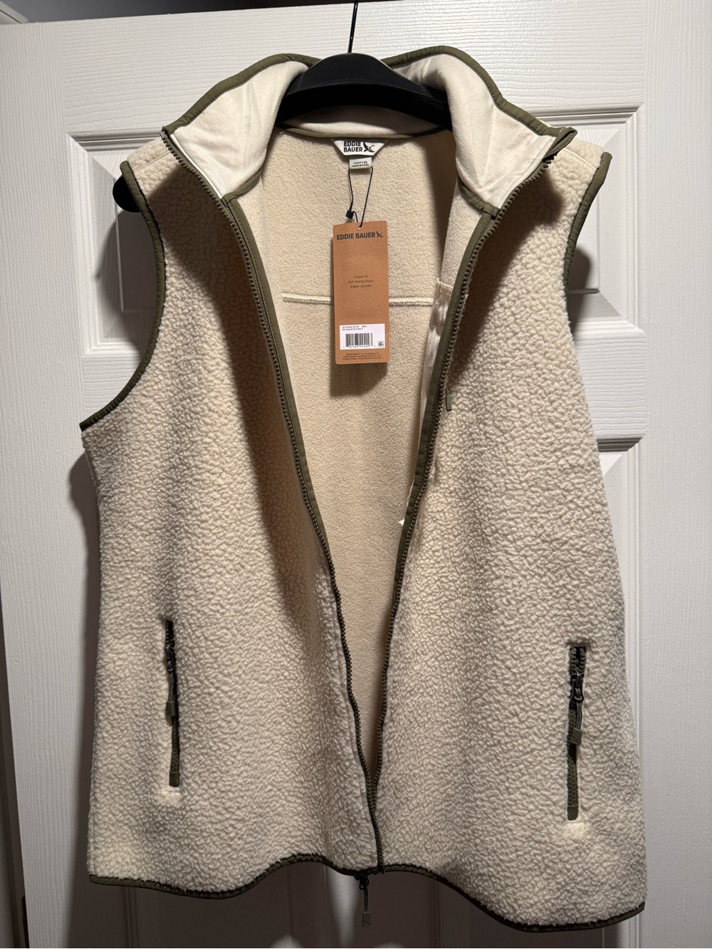 Eddie Bauer Cream Sherpa Vest with Olive Trim